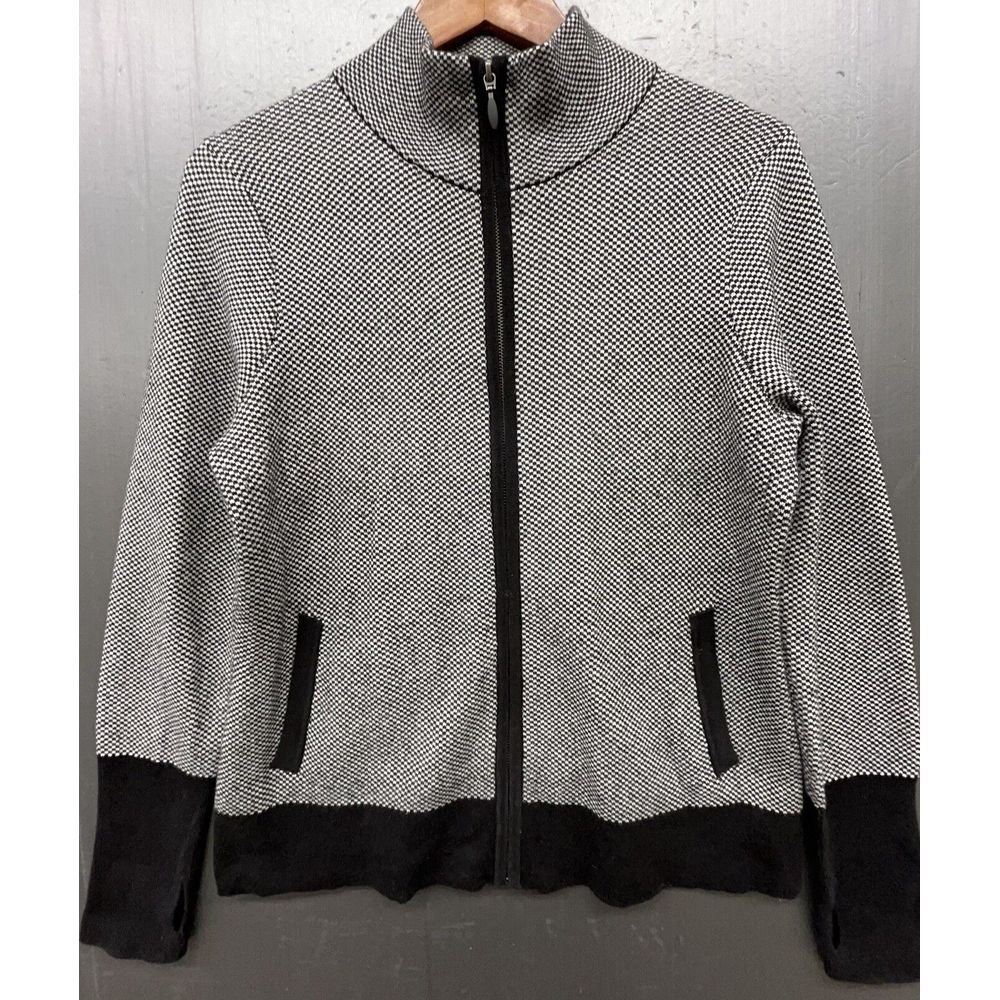 Adrienne‎ Vittadini Sweater Women L Black White Checkered Full Zip Thumb Holes